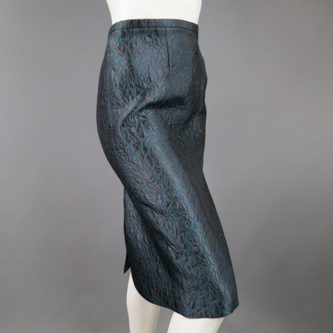 BARBARA TFANK Size 8 Charcoal Gray & Teal Rose Brocade Pencil Skirt