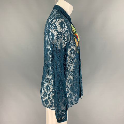 GUCCI S/S 16 Size L Teal Sheer Lace Embroidered Polyamide Blend Long Sleeve Shirt