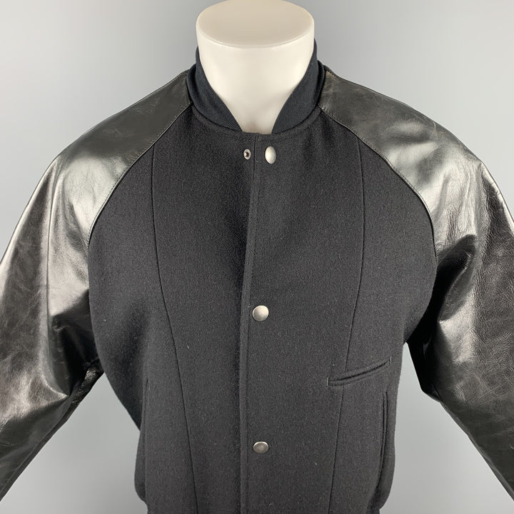 MARC JACOBS Taille 38 Veste noire à manches en cuir mélangé de laine et de matériaux mélangés