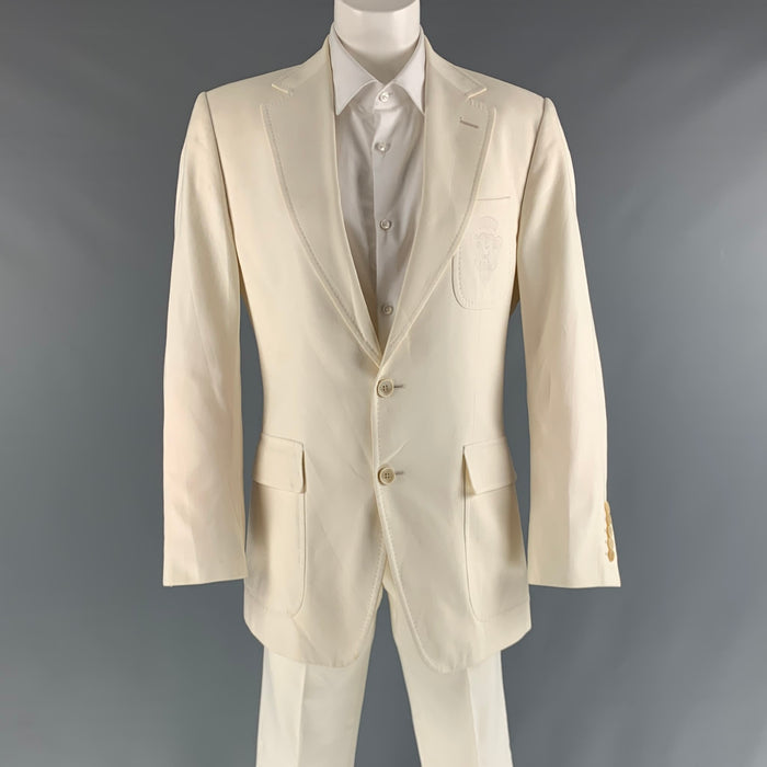 GUCCI Chest Size 40 Beige Solid Cotton Notch Lapel 32 29 Suit