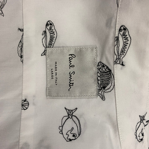 PAUL SMITH Size L White & Black Fish Embroidery Cotton Button Up Long Sleeve Shirt