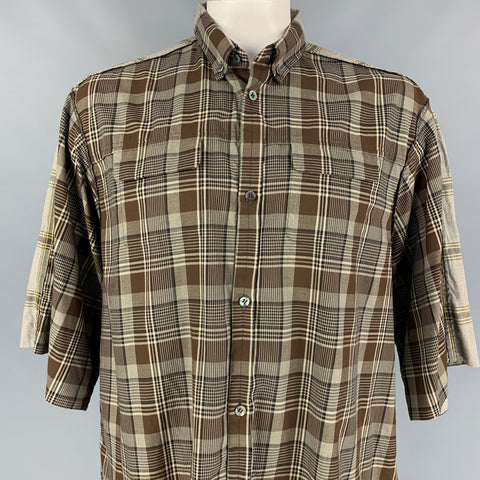 UNDERCOVER Size XL Brown & Olive Checkered Cotton Reverse Seams Short Sleeve Shirt