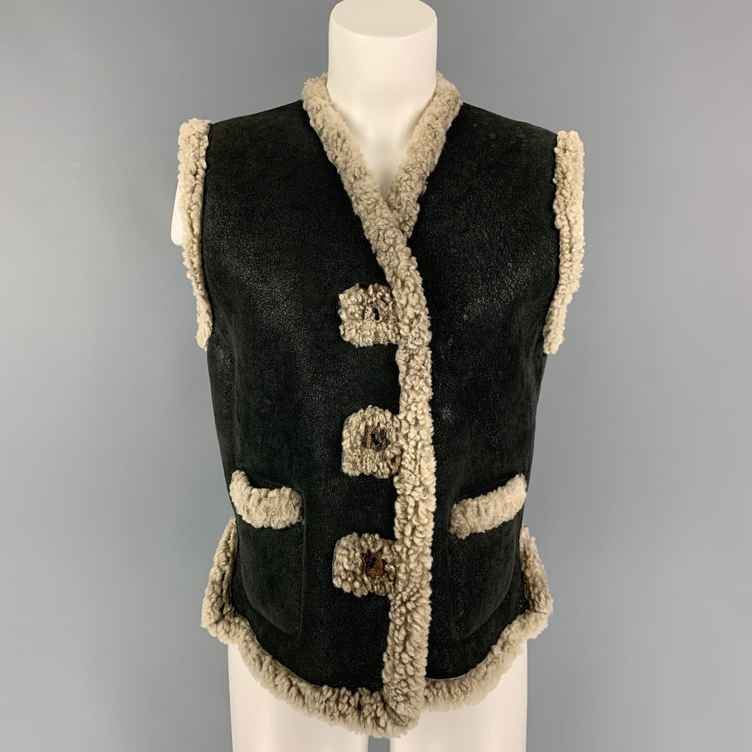 Vintage THOMAS BURBERRY Size S Black Oatmeal Shearling Vest