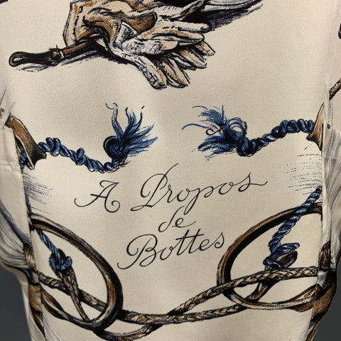 HERMES Size 6 Cream Silk Equestrian A PROPES DE BOTTES Print Blouse