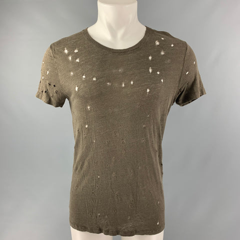 IRO Size S Dark Gray Distressed Linen Crew-Neck T-shirt