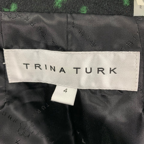 TRINA TURK Size 4 Black Green Wool Nylon Houndstooth Snaps Coat