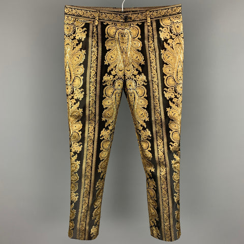 DOLCE & GABBANA Size 28 Black & Gold Metallic Brocade Polyester Blend Dress Pants