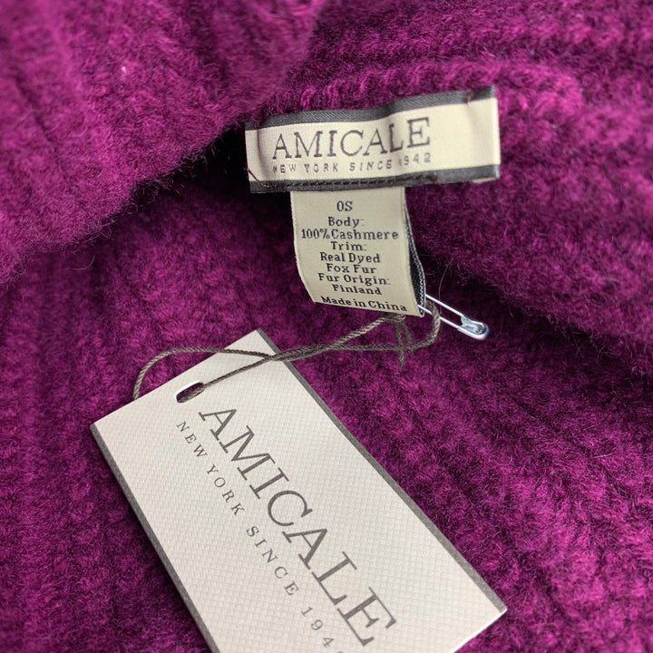 AMICALE Purple Knitted Cashmere Fox Fur Pom Pom Beanie