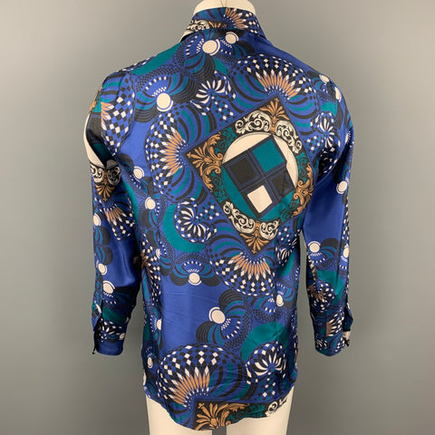 VERSACE COLLECTION Taille M Chemise à manches longues boutonnée en soie imprimée bleue