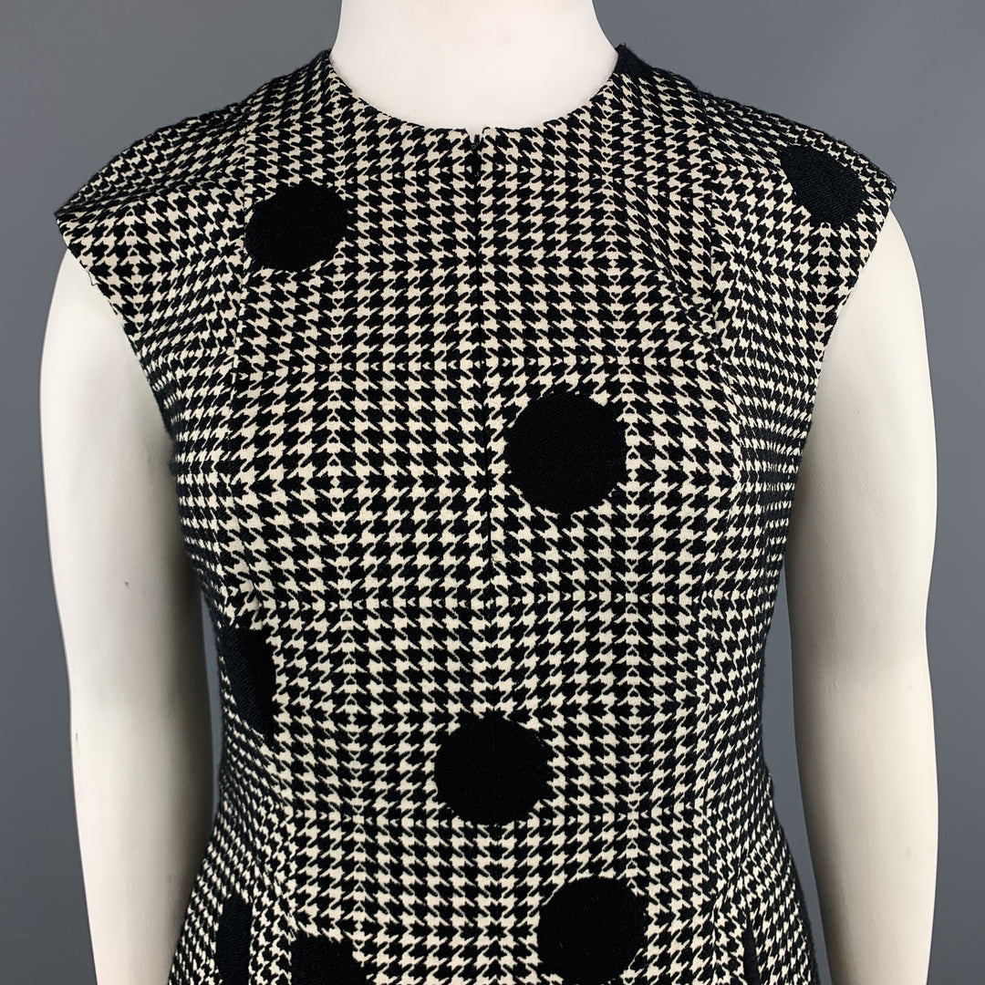 AKRIS Size 12 Black & Beige Polka Dot Houndstooth Belted Shift Dress