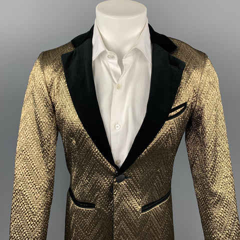 MR TURK Size 36 Gold & Black Brocade Polyester Notch Lapel Sport Coat