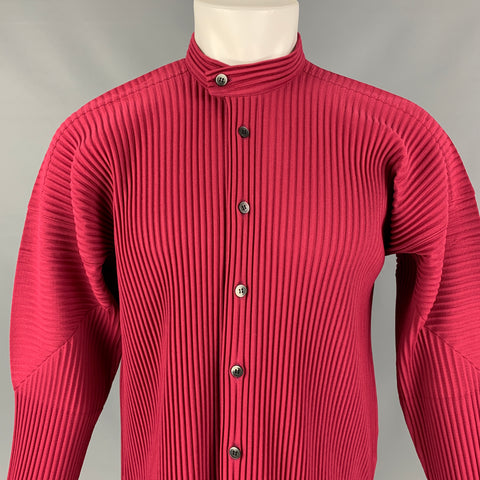 ISSEY MIYAKE HOMME PLISSE Size M Raspberry Pleated Polyester Band Collar Long Sleeve Shirt