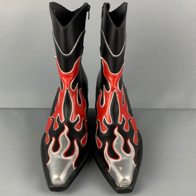 DSQUARED2 Size 11 Black Red Silver Flames Leather Cowboy Ankle Boots
