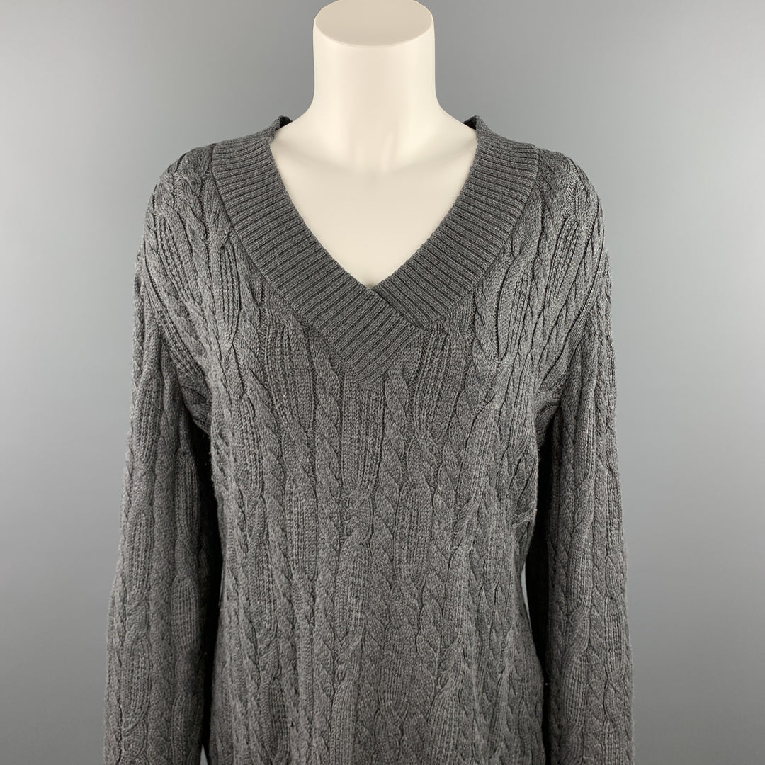 ST. JOHN SPORT Size L Grey Cable Knit Wool Blend V-Neck Sweater