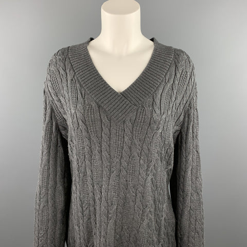 ST. JOHN SPORT Taille L Pull Col V en Laine Mélangée Torsadée Grise