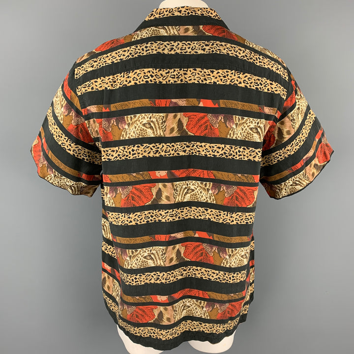 BRIONI Size M Black & Taupe Stripe Rayon Camp Short Sleeve Shirt