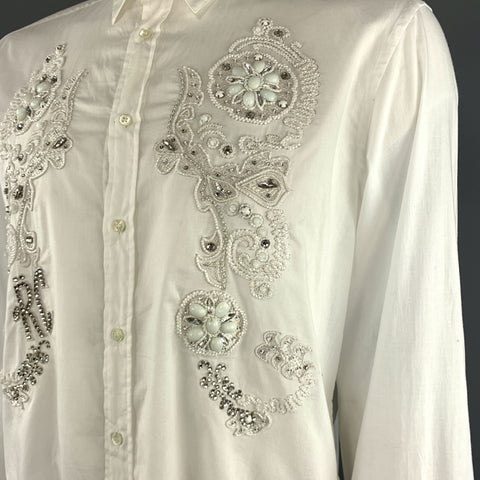 ROBERTO CAVALLI Size XXL White Cotton Beaded Rhinestone Floral Dress Shirt