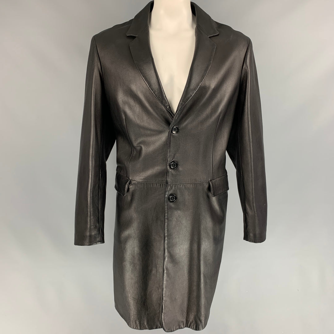 EMPORIO ARMANI Size 46 Black Leather Notch Lapel Coat