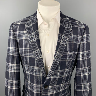 HUGO BOSS Size 38 Regular Navy & Grey Plaid Cashmere / Silk Sport Coat
