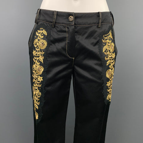 ROBERTO CAVALLI Taille 6 Pantalon habillé skinny en coton / viscose brodé noir et or