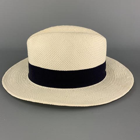 SAKS FIFTH AVENUE Cream Woven Straw Navy Stripe Fedora