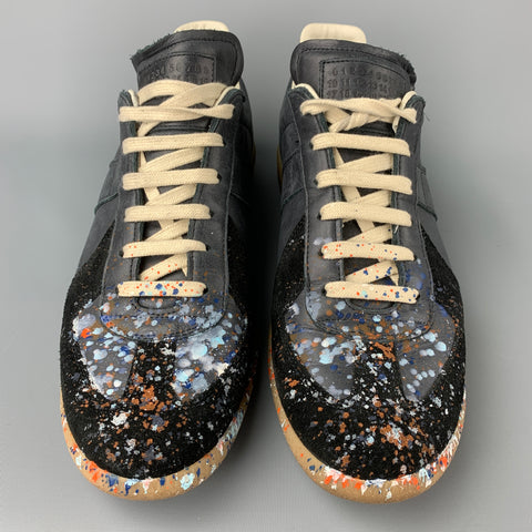 MAISON MARTIN MARGIELA Size 10.5 Grey & Black Paint Splatter Leather Replica Sneakers