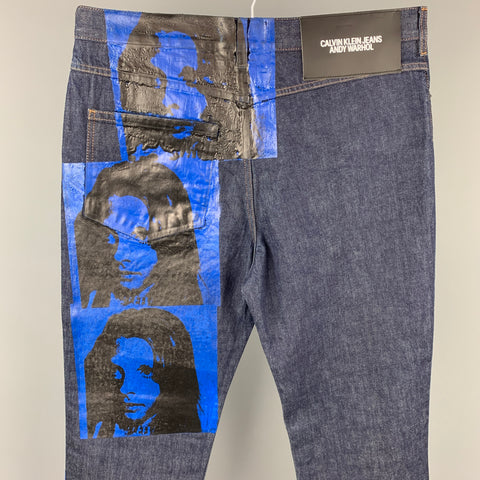 CALVIN KLEIN 205W39NYC by RAF SIMONS x Andy Warhol Size 34 Indigo Sandra Brant Painted Denim Zip Fly Jeans
