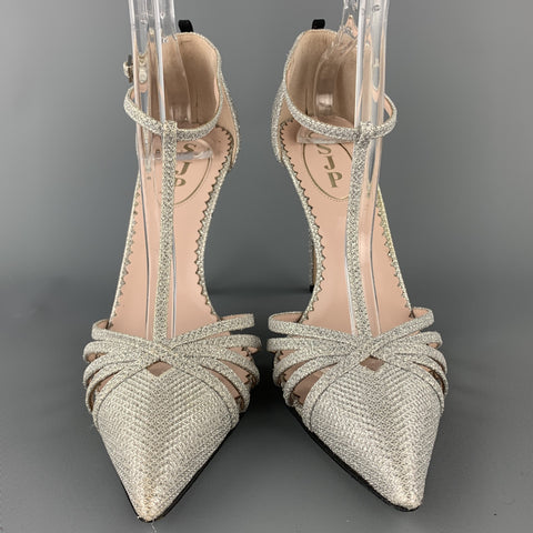 SJP Size 9 Silver Metallic Fabric T- Strap Carrie Pumps