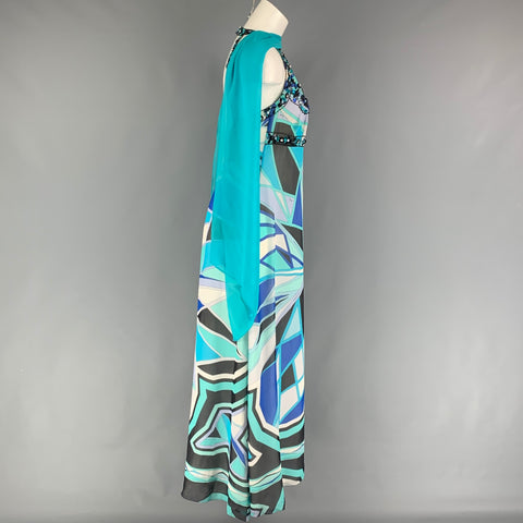 vintage EMILIO PUCCI Taille 10 Turquoise Blanc Soie Abstraite Robe de Cocktail Sans Manches