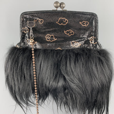 TSUMORI CHISATO Gold Copper Print Leather Goat Hair Trim Kiss Lock Bag