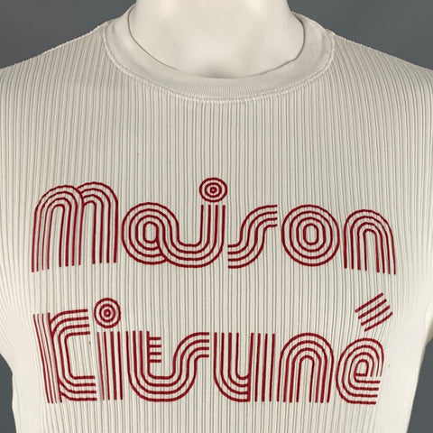 MAISON KITSUNE Taille L T-shirt Côtelé en Coton Graphique Blanc Rouge