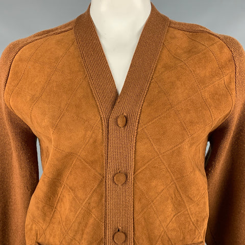 TUNDRA Size L Camel Virgin Wool Suede Elbow Patches Cardigan
