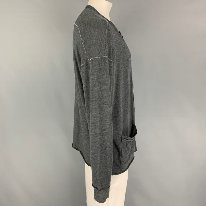 THE VIRIDI-ANNE Size XL Grey Heather Wool Cotton Contrast Stitch Cardigan