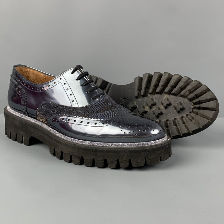 PERTINI Size 7 Silver Gold Perforated Patent Leather Wingtip Shoes