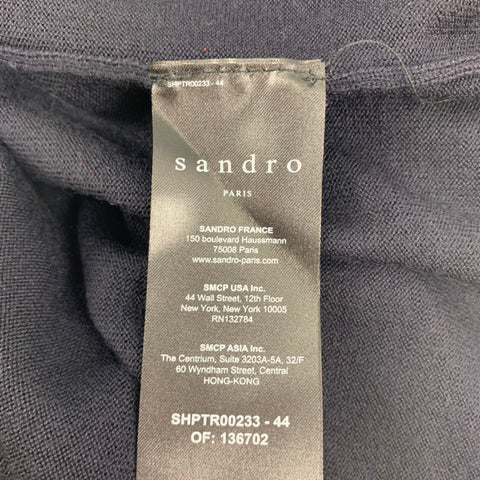 SANDRO Size L Navy Black Striped Trim Lana Wool Buttoned Cardigan