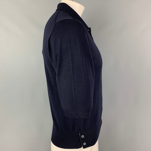 THOM BROWNE Size L Navy White Stripe Wool Buttoned Polo
