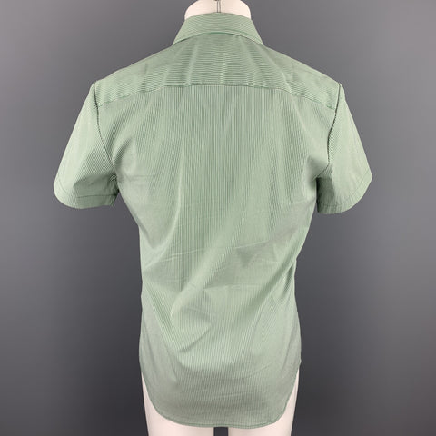 MR. TURK Size S Green Stripe Cotton Blend Button Up White Short Sleeve Shirt