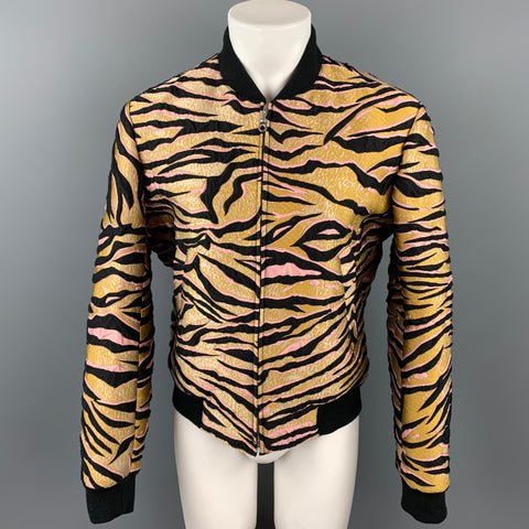 KENZO Size L Gold & Black Jacquard Polyester Blend Bomber Jacket