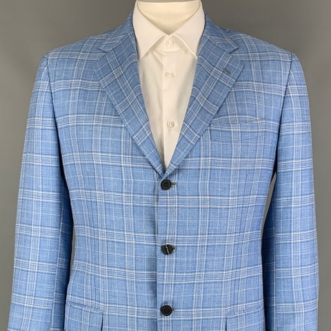 KITON Chest Size 44 Light Blue White Plaid Cashmere Blend Sport Coat
