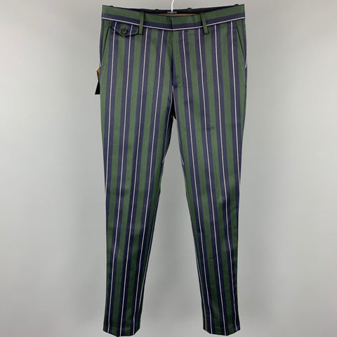 BURBERRY Taille 36 Costume à revers cranté en laine / coton à rayures verticales vert et bleu marine régulier