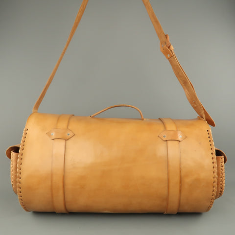 EUROPEAN NATURAL LEATHER BAGS Tan Leather Duffle Woven Trim Duffle Bag