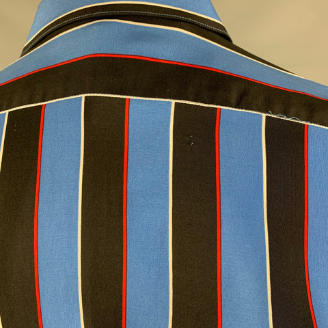 BOCCI Size M Blue Black Stripe Silk Hidden Placket Long Sleeve Shirt