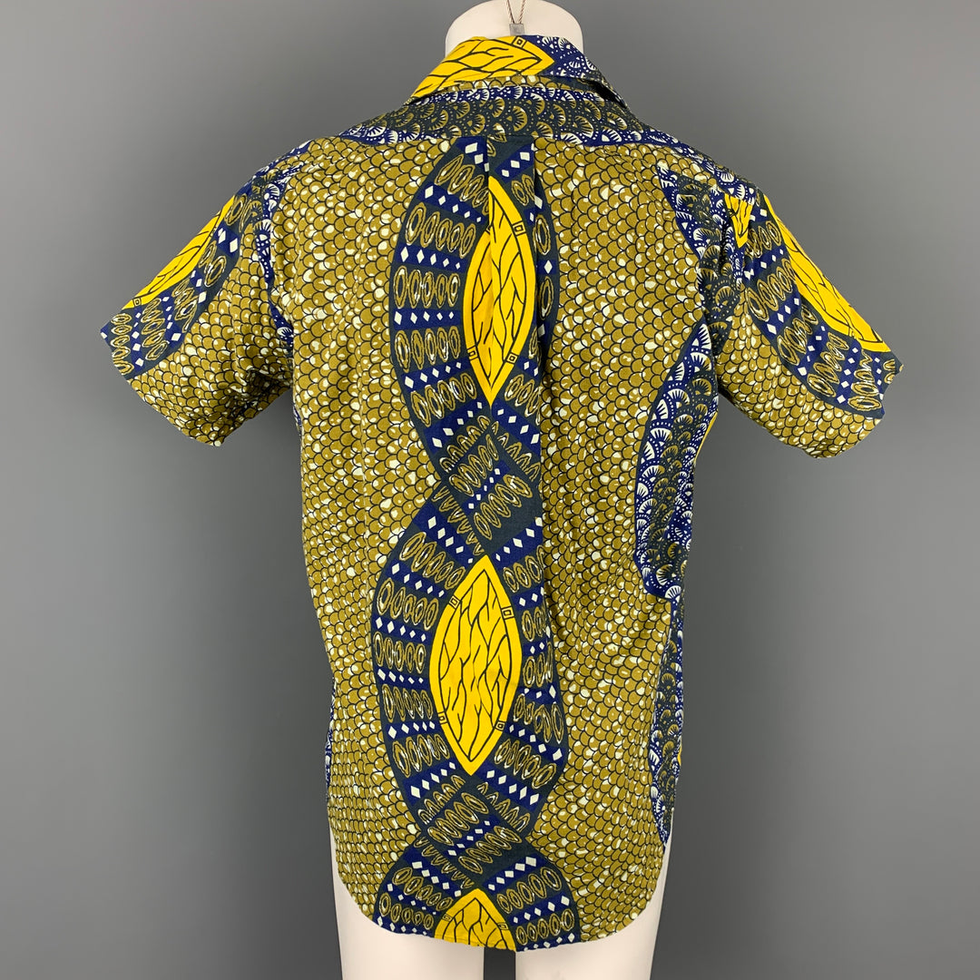 WOOLRICH Taille L Chemise à manches courtes boutonnée en coton imprimé jaune et bleu