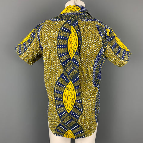 WOOLRICH Size L Yellow & Blue Print Cotton Button Up Short Sleeve Shirt