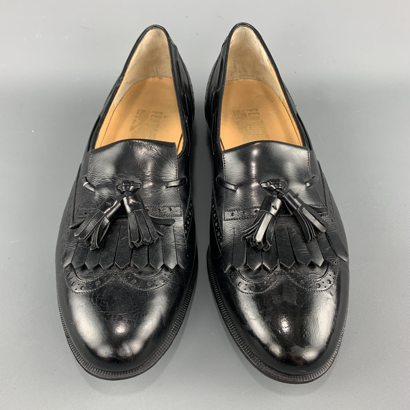 SALVATORE FERRAGAMO Size 11.5 Black Leather Eyelash Tassel Loafers
