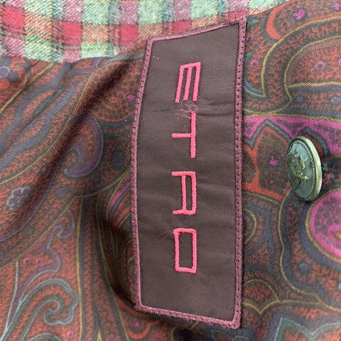 ETRO Size 40 Grey Burgundy Checkered Cotton Blend Notch Lapel Sport Coat