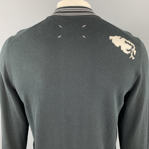 MAISON MARGIELA Size L Black Distressed Cotton Blend Contrast Stripe Trim Pullover Sweater