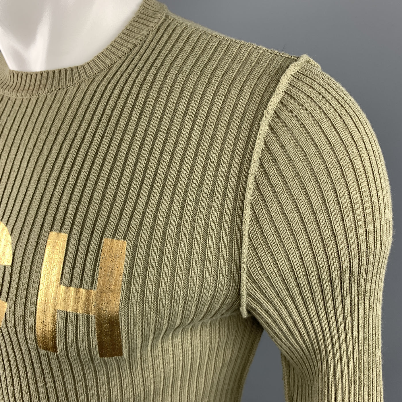 JOHN RICHMOND Size S Olive Ribbed Knit Gold Graphic Wool Blend Crew-Neck Pullover Sweater