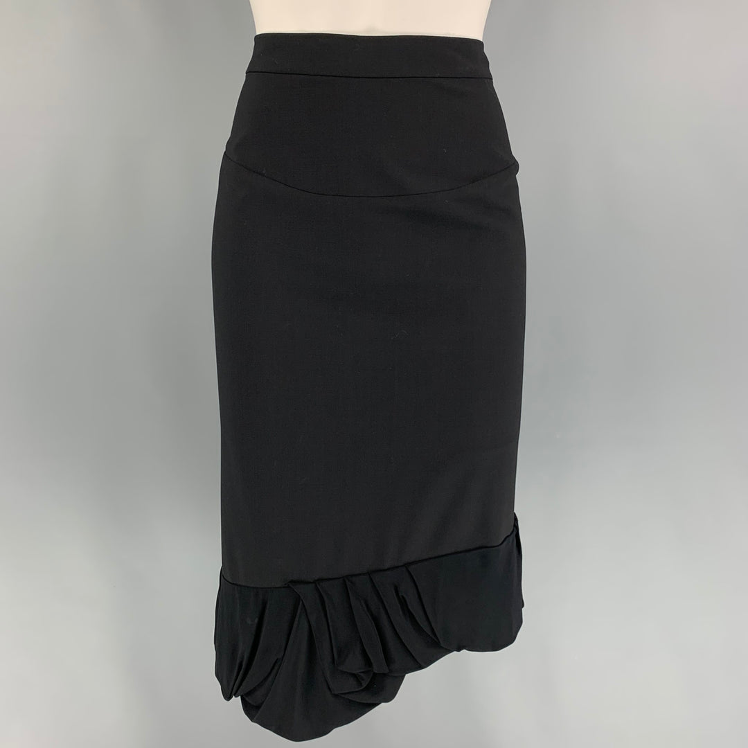 BALENCIAGA Size 8 Black Garbardine Wool Ruffle Skirt