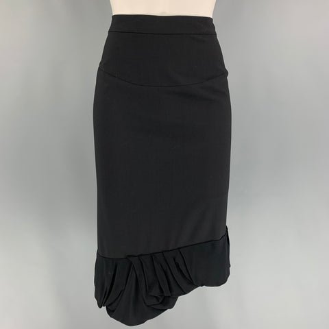 BALENCIAGA Size 8 Black Garbardine Wool Ruffle Skirt